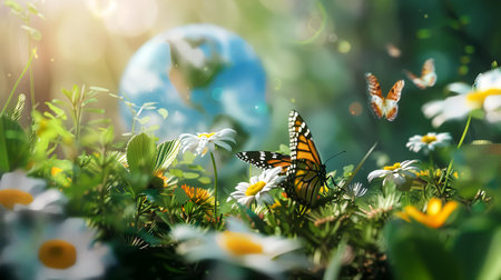 Butterfly in the garden with daisies and globe.の素材