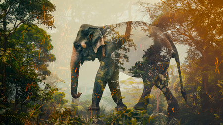 Elephants in the jungle. 3d illustration. Vintage style.の素材