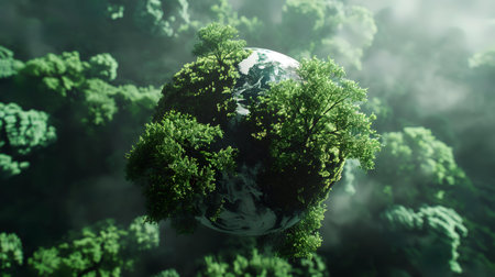 Earth planet with green trees and fog. 3d render illustration.の素材