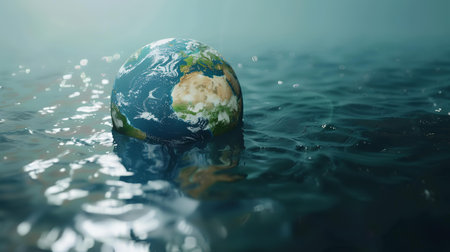 Planet earth floating in water. Global warming concept. 3d renderingの素材