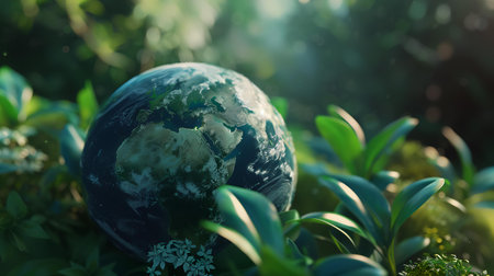 Globe in the green forest. World environment day concept. 3d renderingの素材