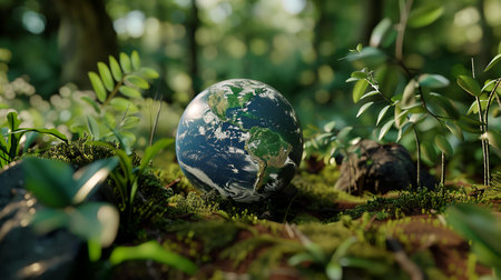 Globe in the forest. 3D render. Conceptual image.の素材