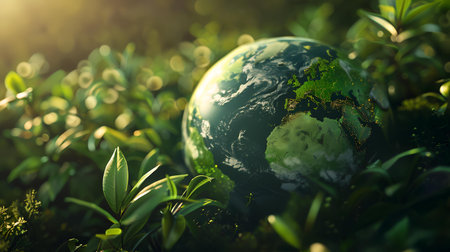Planet earth on green grass background. 3d render. Earth day conceptの素材
