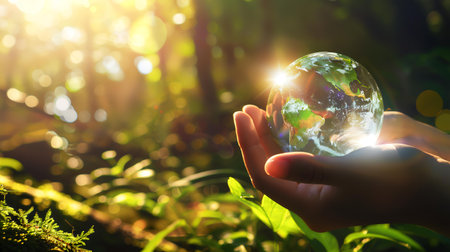 Globe in human hand on nature background. Earth day concept.の素材