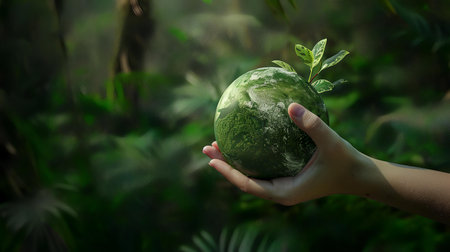 Ecology concept. Human hands holding globe with green plant in forestの素材