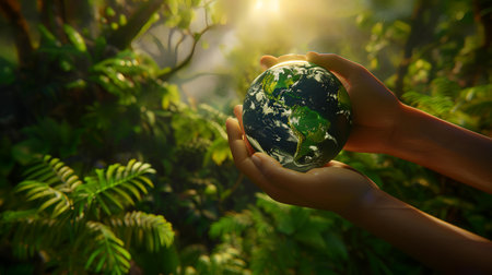 Hands holding earth globe in nature background. Save the world concept.の素材