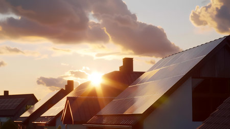 Solar panels on the roof of a house against the background of the setting sunの素材