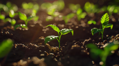 Green seedling growing in the ground. Seedlings in the groundの素材