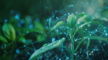Green sprout growing in the soil with network connection. Concept of eco technology.の素材