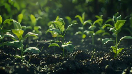 Young seedlings of pepper in the morning light. Close-up.の素材