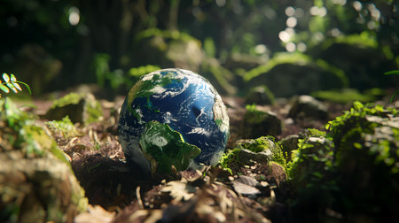Globe in the forest. Conceptual image for Earth Day.の素材