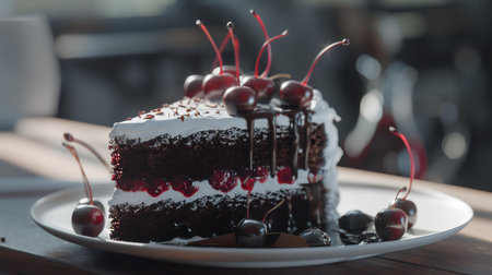 Chocolate cake with cherries on a white plate on a wooden tableの素材