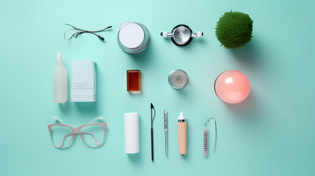 Flat lay composition with cosmetic products and accessories on color background.の素材