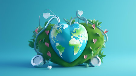 Earth planet with headphones on blue background. 3D rendering. Earth day conceptの素材