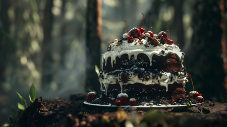 Chocolate cake with cherries on the background of the forest.の素材