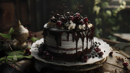 Chocolate cake with berries on a wooden table. Selective focus.の素材