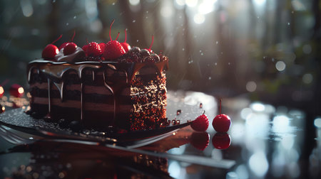 Chocolate cake with raspberries and cherry on a black backgroundの素材