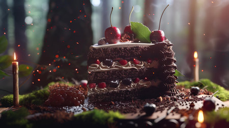 Chocolate cake with cherries and raspberries on a dark backgroundの素材