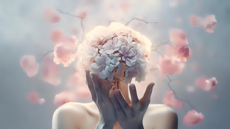 Portrait of a beautiful woman with flowers in her hair. Conceptual image.の素材