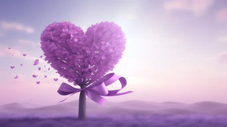 3d render of heart shaped tree with purple ribbon against purple skyの素材