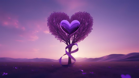Heart shape tree with ribbon on sunset background. 3D rendering.の素材