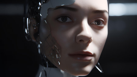 Close-up portrait of a female robot. 3d rendering.の素材