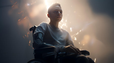 Portrait of a disabled boy in a wheelchair on a dark backgroundの素材