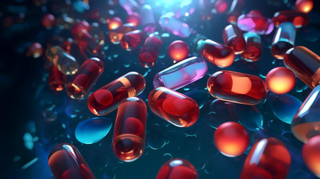 Red and blue capsules on a dark background. 3D illustration.の素材