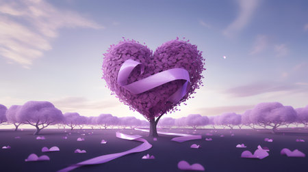 Heart shaped tree with ribbon and purple hearts on the road. 3D renderingの素材