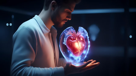 Man holding in hand human heart on dark background. 3d renderingの素材