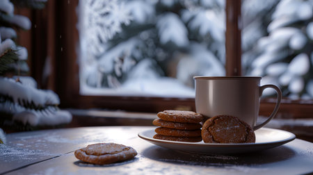 A cup of coffee and cookies on a wooden table in the snowの素材