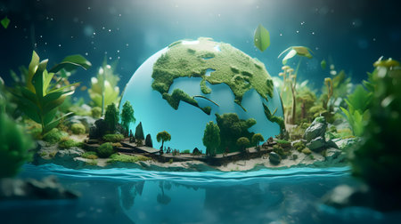 Planet earth floating in the water. 3D rendering. Elements of this image furnished by NASAの素材