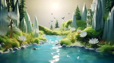 Fantasy landscape with a pond, trees and flowers. 3d renderの素材
