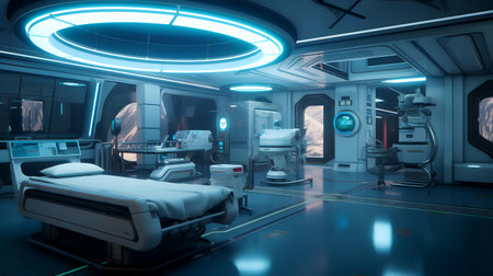 3D rendering of a medical room with an operating room and a bedの素材
