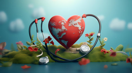 Heart and stethoscope on nature background. 3d illustration.の素材
