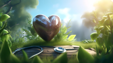 Stethoscope and heart on nature background. 3d illustration.の素材
