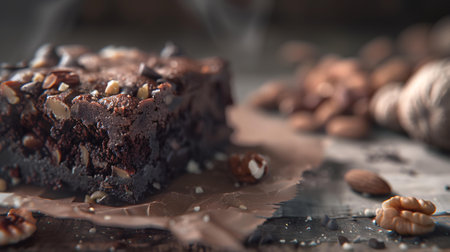Chocolate brownies with nuts on a wooden background, selective focusの素材
