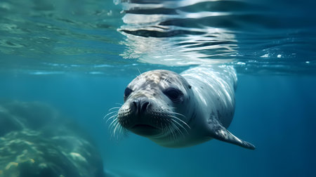 Cute seal swimming underwater in the ocean. Animals in wildlife.の素材