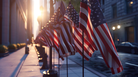 American flags on the street of New York City at sunset, USAの素材