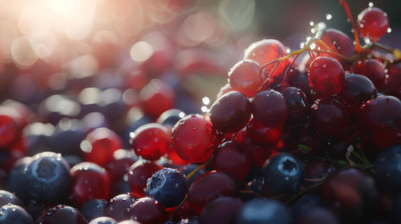 Ripe red currant berries with water drops on a blurred backgroundの素材