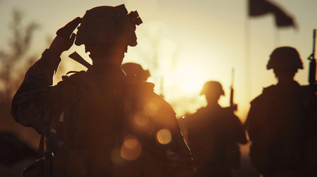 Silhouette of a soldier in a military uniform at sunset.の素材