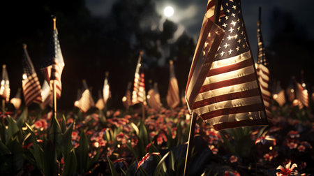 American flag on a grave at cemetery at night. Memorial day concept.の素材