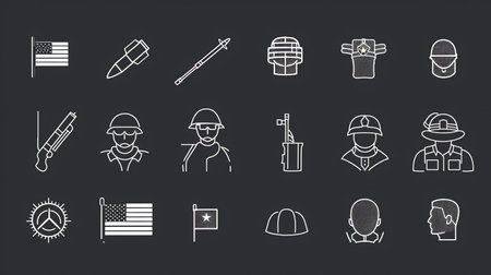 Set of vector line icons of military, army, soldier and other elements.の素材