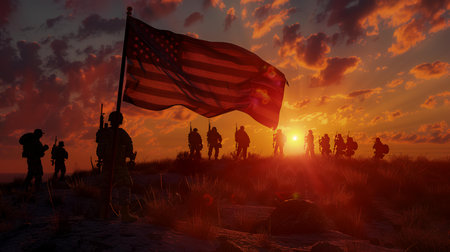 Silhouette of soldiers on the background of the American flag.の素材