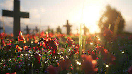 Red poppies in the cemetery at sunset, shallow depth of fieldの素材