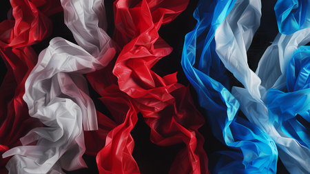Red and blue crumpled tissue isolated on black background. Top view.の素材