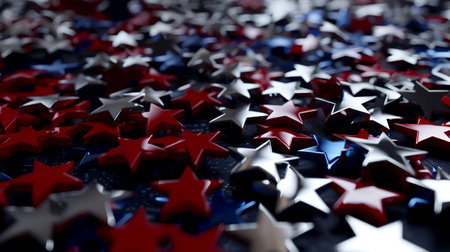 Close up of red, white and blue stars on a dark backgroundの素材