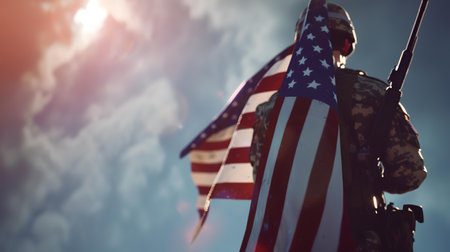 American flag and military dog tags close up. Selective focus.の素材