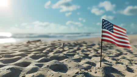 American flag on the sand beach with blue sky background. 3d renderingの素材