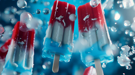 Ice cream popsicles with drops of water on blue background. 3d illustrationの素材